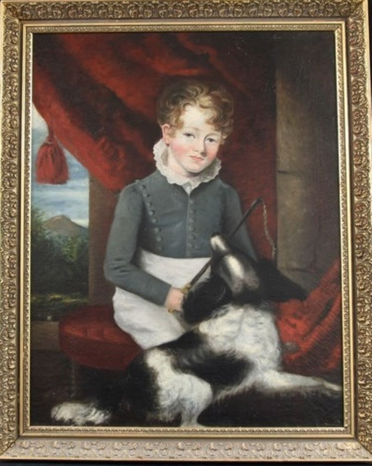 19th century Portrait of a Gentleman, with Riding Crop & Dog English School
