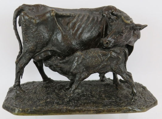 19th century bronze cow & calf  p j mene