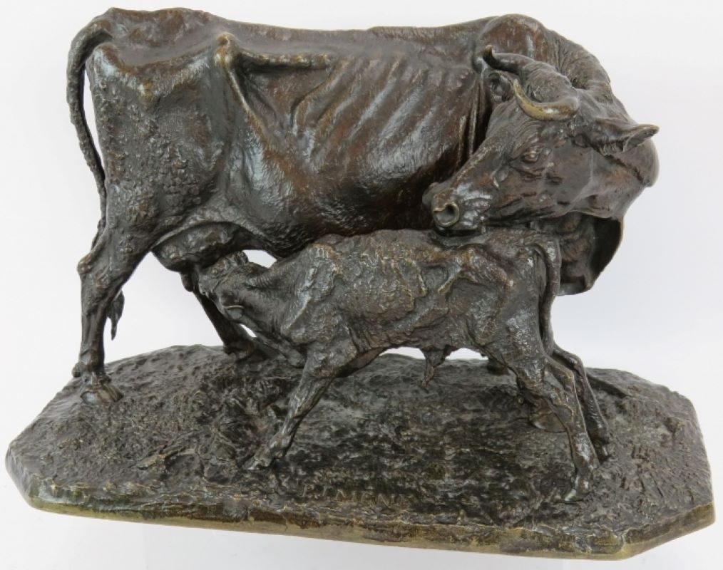 19th century bronze cow & calf  p j mene