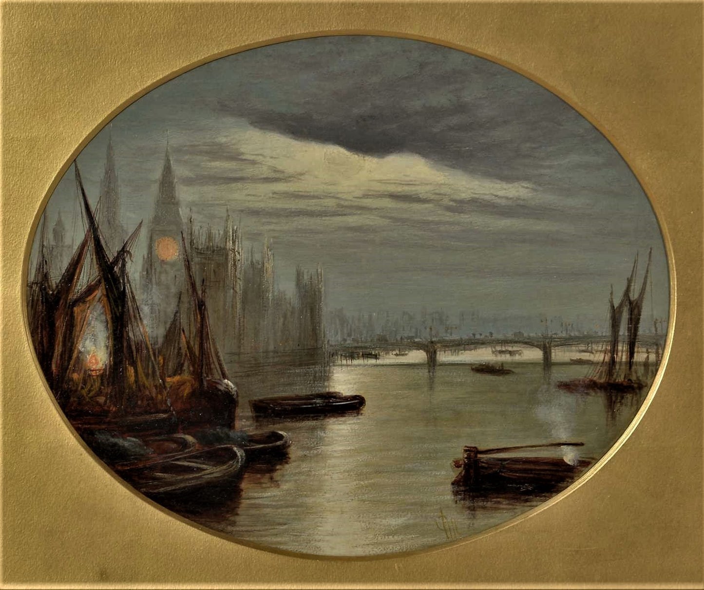 Francis Maltino 19th century, oil,  London, the Thames, houses parliament,